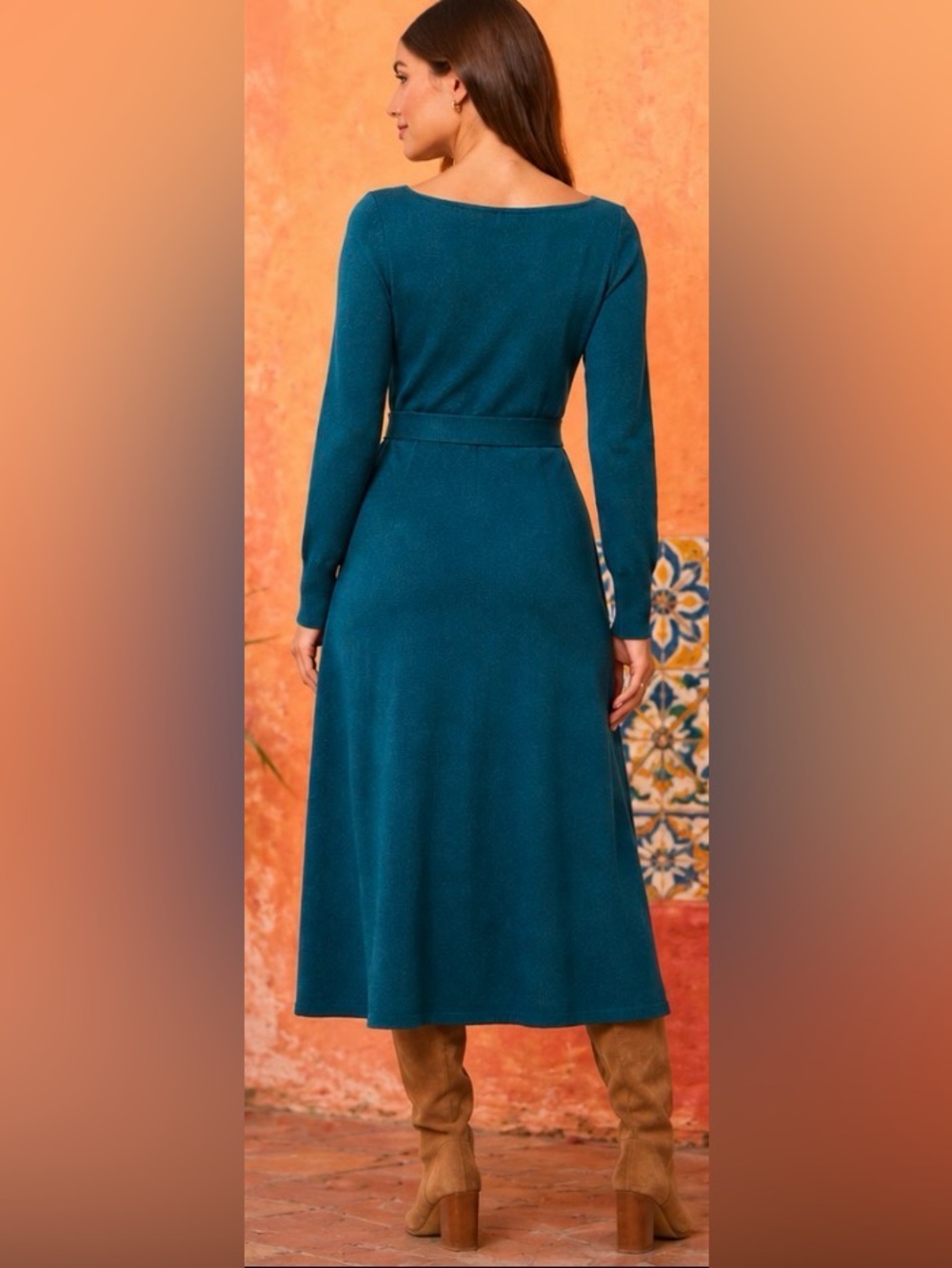 Boden Petite Teal Knit Midi Dress US 4P Long Sleeve Tie Waist - Picture 3 of 11